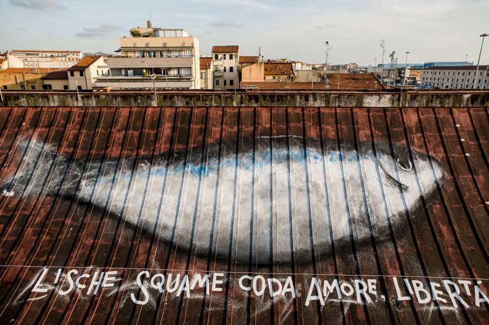 Il pesce dipinto sul tetto del mercato ittico di Livorno